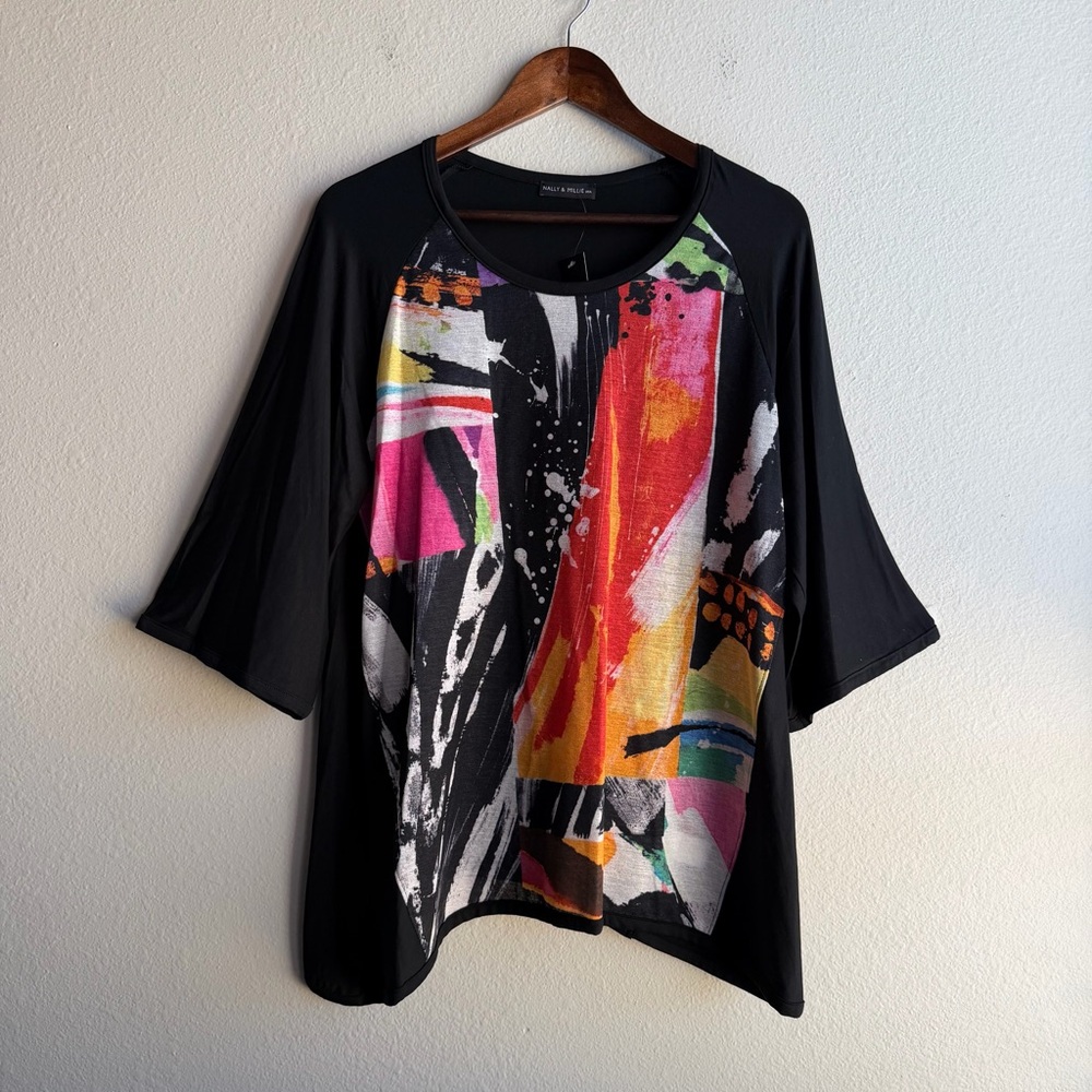 Nally & Millie Abstract Art Relaxed Fit 3/4 Sleeves Lagenlook Top Blouse Tunic
